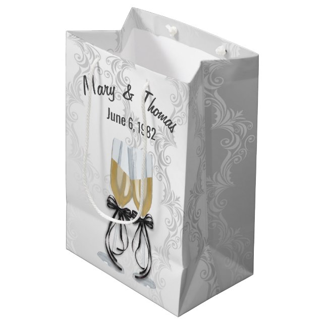 Anniversary Champagne Toast On Damask Medium Gift  Bag (Front Angled)