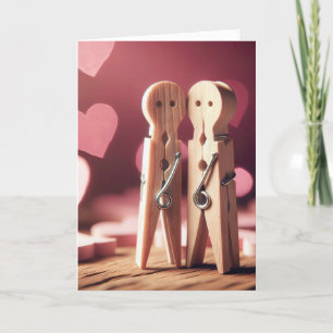 Anniversary Clothespin Couple With Hearts Holiday Card