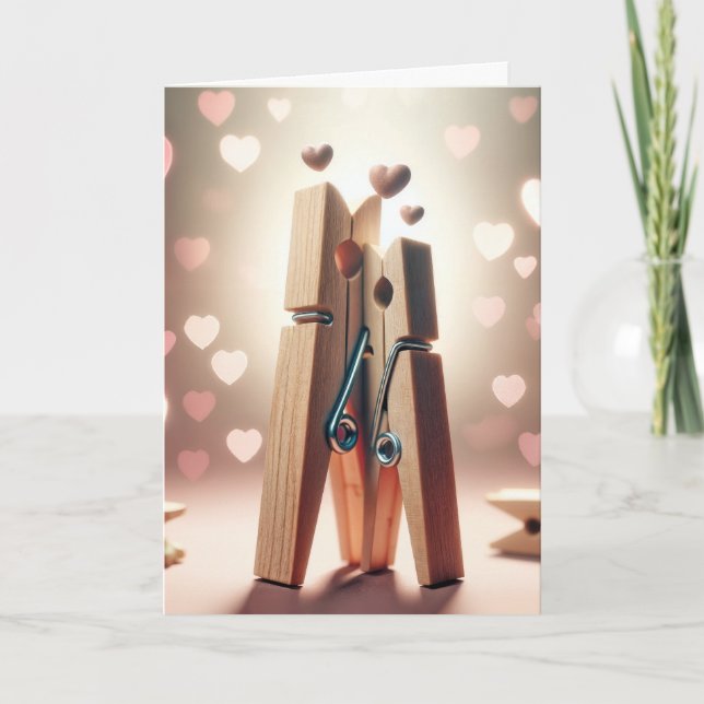 Anniversary Clothespins With Pink Hearts Card (Front)