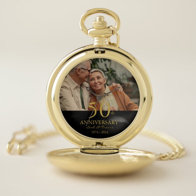 Anniversary custom photo wedding modern black gold pocket watch (Inside)
