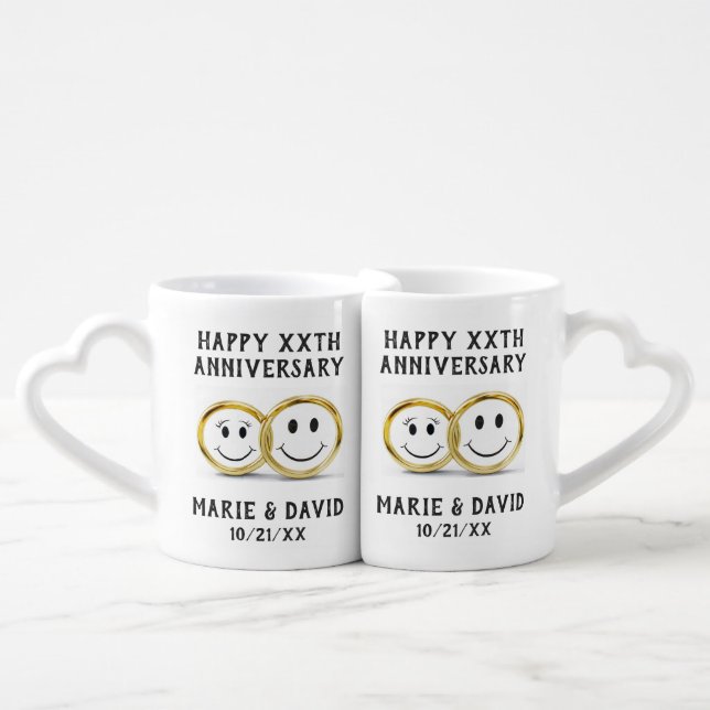 Anniversary Cute Cartoon Gold Wedding Rings Coffee Mug Set (Front Nesting)