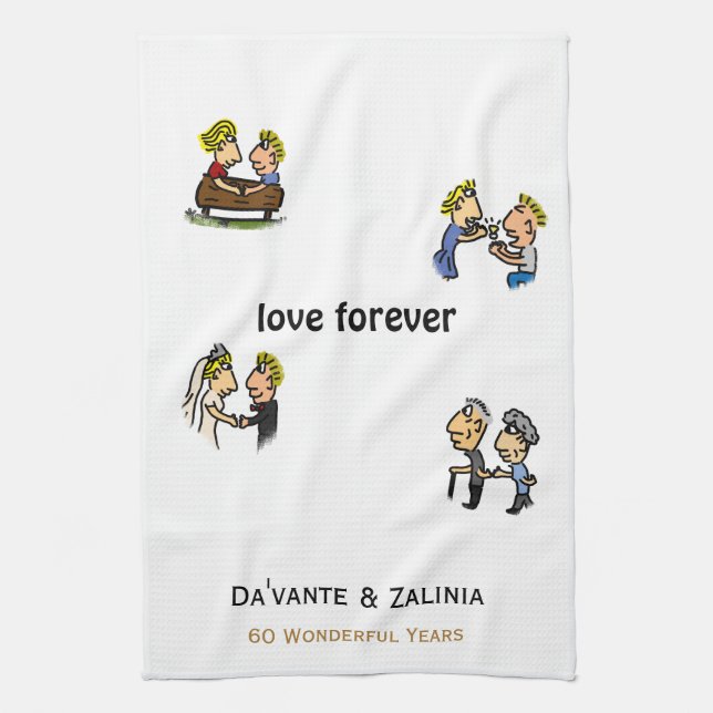 Anniversary Cute Couple 🎉 Aging Together Cartoon Kitchen Towel (Vertical)