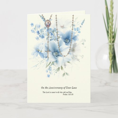 Anniversary Death Loss Rosary Virgin Mary Floral Card
