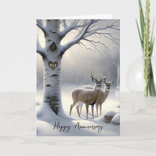 Anniversary Deer with Initials on Tree Heart Holiday Card (Front)