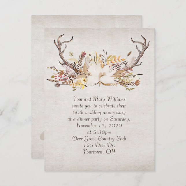 anniversary dinner-autumn bouquet and deer antlers invitation (Front/Back)