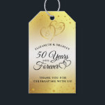 Anniversary Gold 50 YEARS INTO FOREVER Thank You Gift Tags<br><div class="desc">Thank you 50th wedding anniversary celebration party guests with these gold, black and white editable personalized favor tags for your guest favors featuring an elegant calligraphy script typography design of 50 YEARS INTO FOREVER accented with interlocking linked golden hearts with monogram initials and gold confetti against a faux brushed metallic...</div>