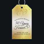 Anniversary Gold 50 YEARS INTO FOREVER Thank You Gift Tags<br><div class="desc">Thank you 50th wedding anniversary celebration party guests with these gold, black and white editable personalized favor tags for your guest favors featuring an elegant calligraphy script typography design of 50 YEARS INTO FOREVER accented with interlocking linked golden hearts with monogram initials and gold confetti against a faux brushed metallic...</div>