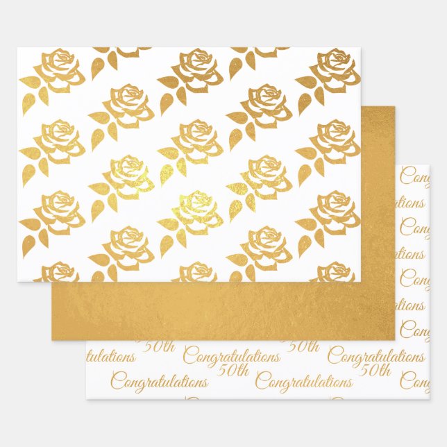 Anniversary Gold Foil Wrapping Paper-Rose 50th Foil Wrapping Paper Sheets (Set)