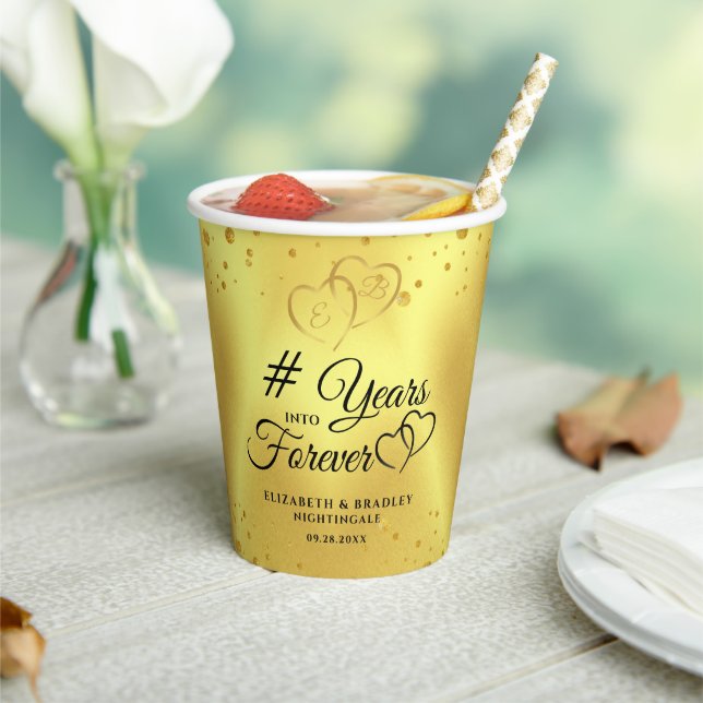 Anniversary Gold Hearts YEARS INTO FOREVER Paper Cups (Insitu)