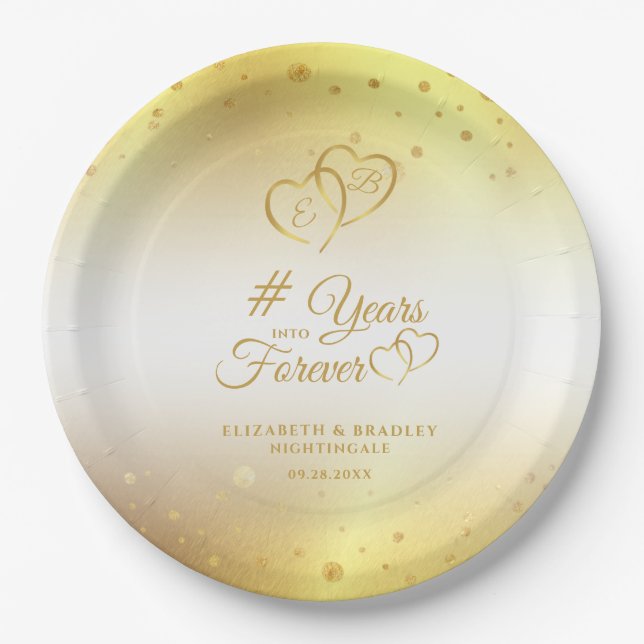 Anniversary Gold Hearts  YEARS INTO FOREVER Paper Plates (Front)
