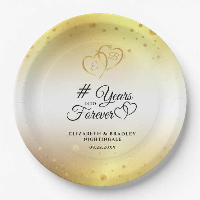 Anniversary Gold Hearts # YEARS INTO FOREVER Paper Plates (Front)