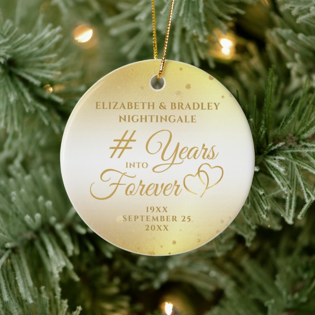 Anniversary Gold Hearts YEARS INTO FOREVER Photo Ceramic Ornament (Tree)