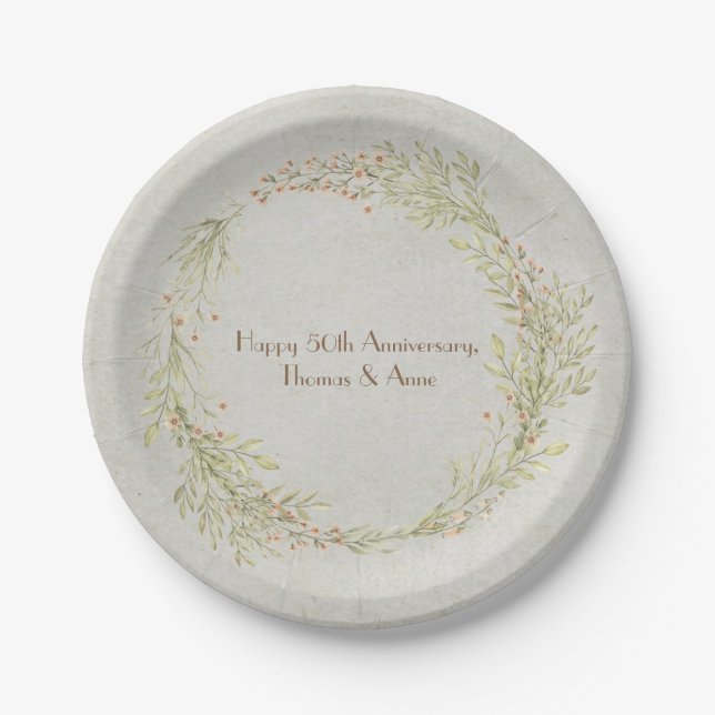 Anniversary green and orange summer wreath paper plates (Front)