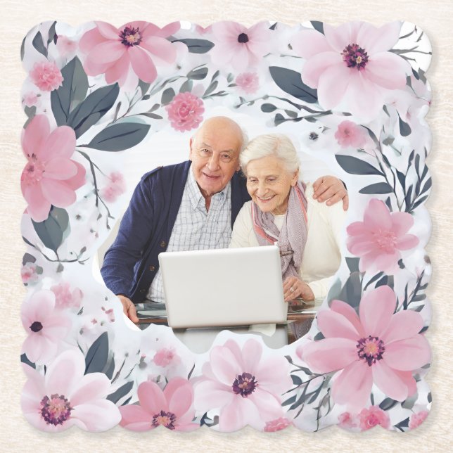 Anniversary Happy Couple Pink Floral Photo Paper Coaster (Front)
