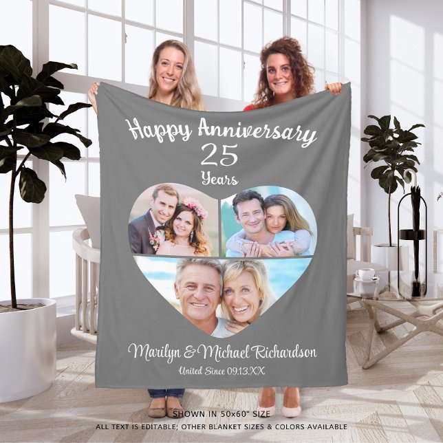Anniversary Heart 3 Photo Collage Custom Color Fleece Blanket (Creator Uploaded)