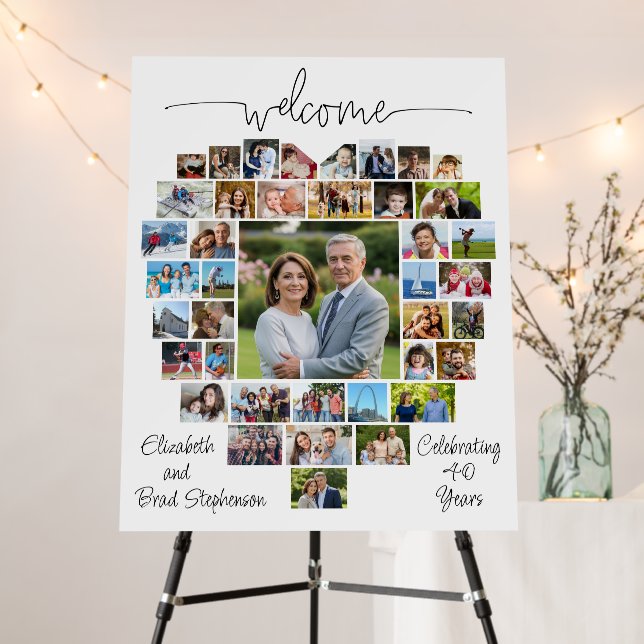 Anniversary Heart Shape 40 Photo Collage White Foam Board (In Situ (Stand))