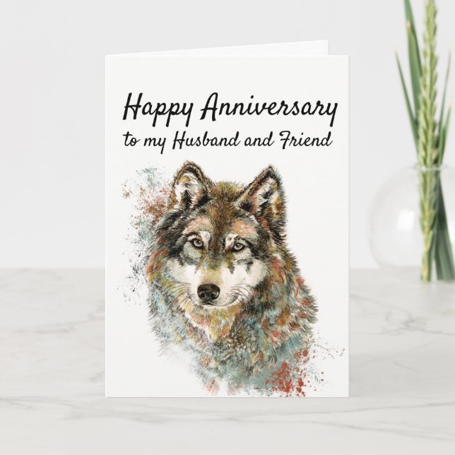 Anniversary Husband and friend Wolf Animal Art Card (Front)