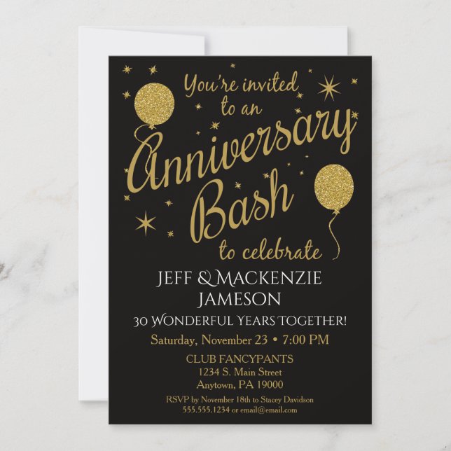 Anniversary Invitation Festive Party Gold Balloons (Front)