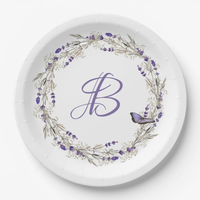 Anniversary Lavender Wreath With Monogram Paper Plates (Front)