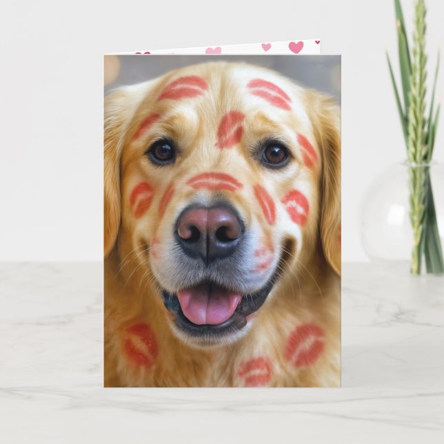 Anniversary Lipstick Kisses On a Golden Retriever Card (Front)