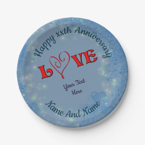 Anniversary Love Red Heart Personalized Paper Plates