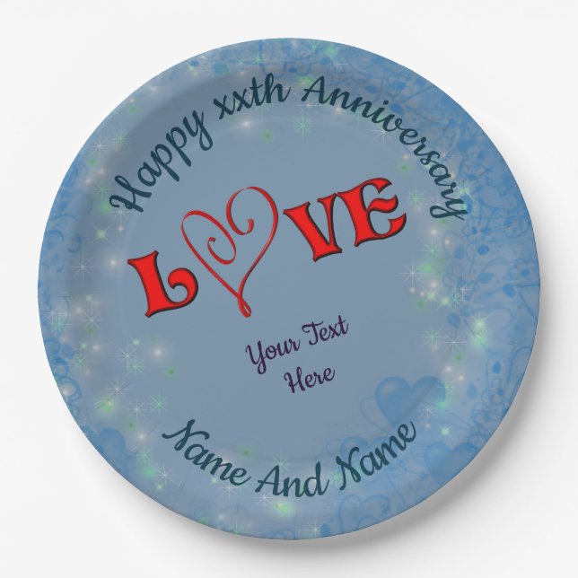 Anniversary Love Red Heart Personalized Paper Plates (Front)
