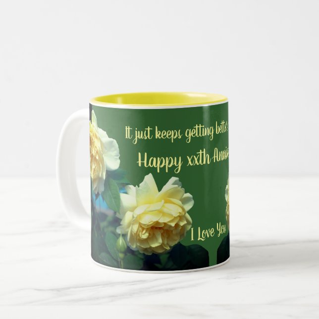 Anniversary Love Yellow Roses Flower Personalized Two-Tone Coffee Mug (Front Left)