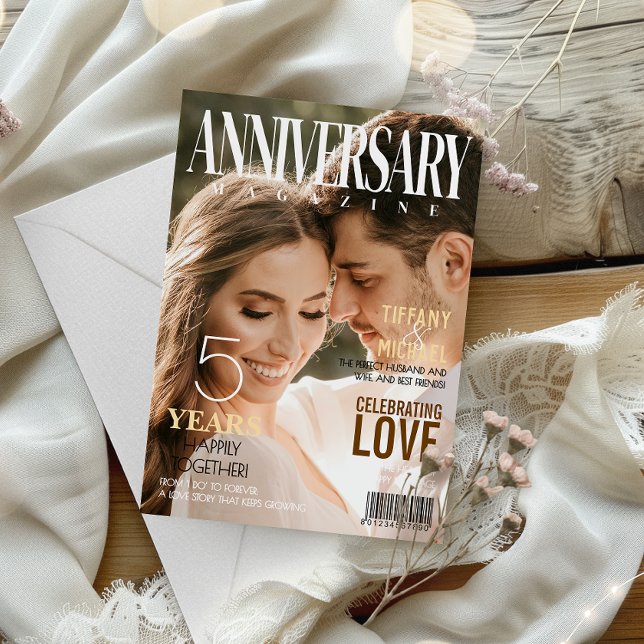 Anniversary Magazine Cover Husband | Wife Photo Card (Celebrate your journey together & express your love with our wedding anniversary collage photo cards)