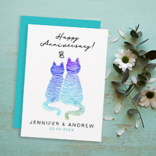 Anniversary Modern Gradient Blue Cats In Love Holiday Card