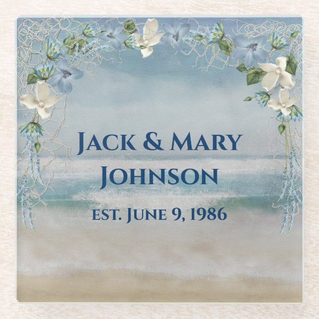 Anniversary Nautical Net and Flowers Glass Coaster (Front)