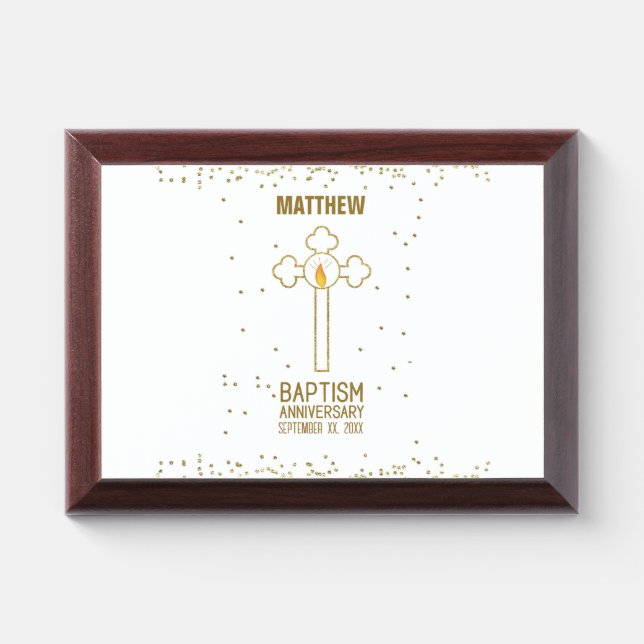Anniversary of Baptism Gold Cross Personalized Award Plaque (Horizontal)