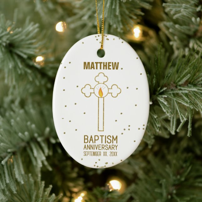 Anniversary of Baptism Gold Cross Personalized Ceramic Ornament (Tree)