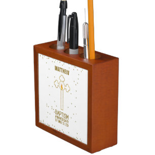 Anniversary of Baptism Gold Cross Personalized Desk Organizer