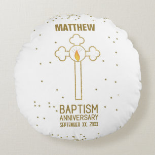 Anniversary of Baptism Gold Cross Personalized Round Pillow