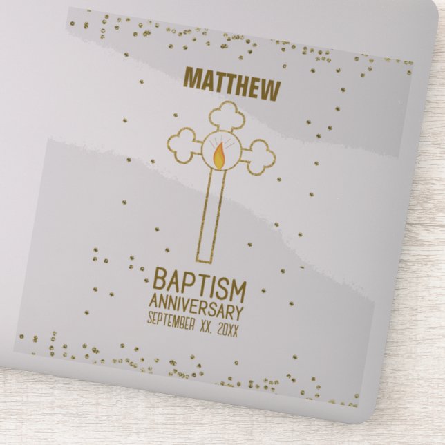 Anniversary of Baptism Gold Cross Personalized Sticker (Detail)