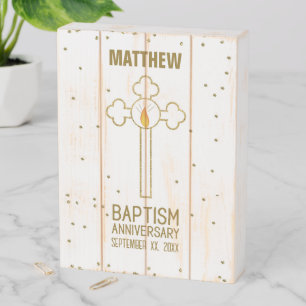 Anniversary of Baptism Gold Cross Personalized Wooden Box Sign