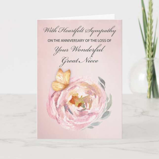 Anniversary of Loss of Great Niece Butterfly Rose Card (Front)