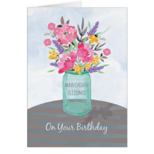 Anniversary on Birthday Blessings Jar Vase Cards