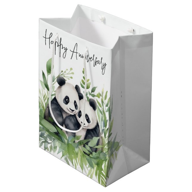 Anniversary Panda Bears In Leaves Medium Gift Bag (Front Angled)