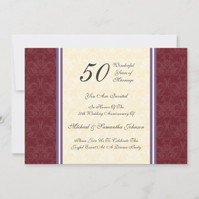 Anniversary Party 50th Burgundy Damask Invitation (Front)