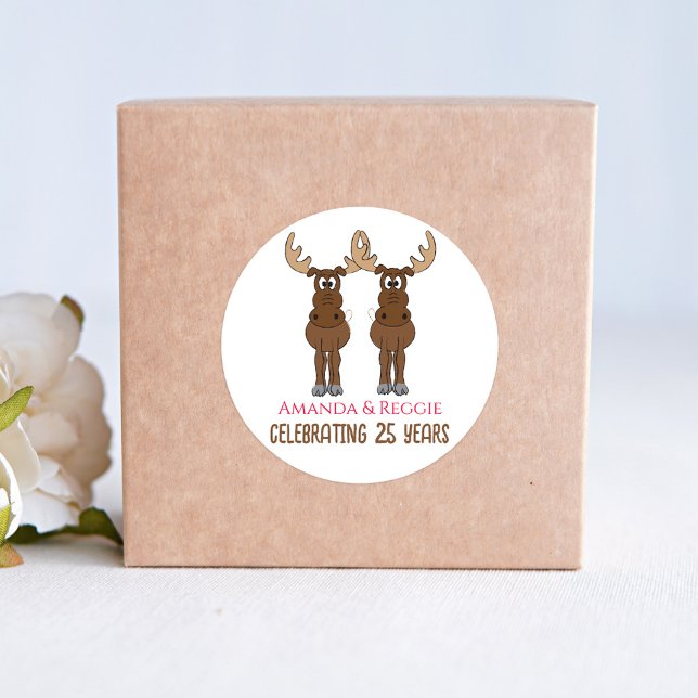 Anniversary Party Funny Favor Custom Classic Round Sticker (Whimsy ANniversary Moose party favor sticker. )