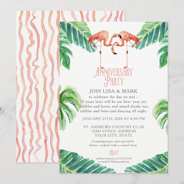 Anniversary Party Pink Flamingo Leaf Stripe Invitation (Front/Back)