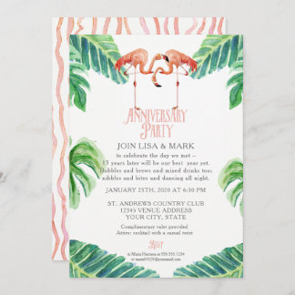 Anniversary Party Pink Flamingo Leaf Stripe Invitation