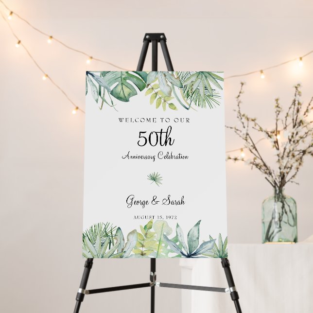 Anniversary Party Tropical Foliage Welcome Sign (In Situ (Stand))