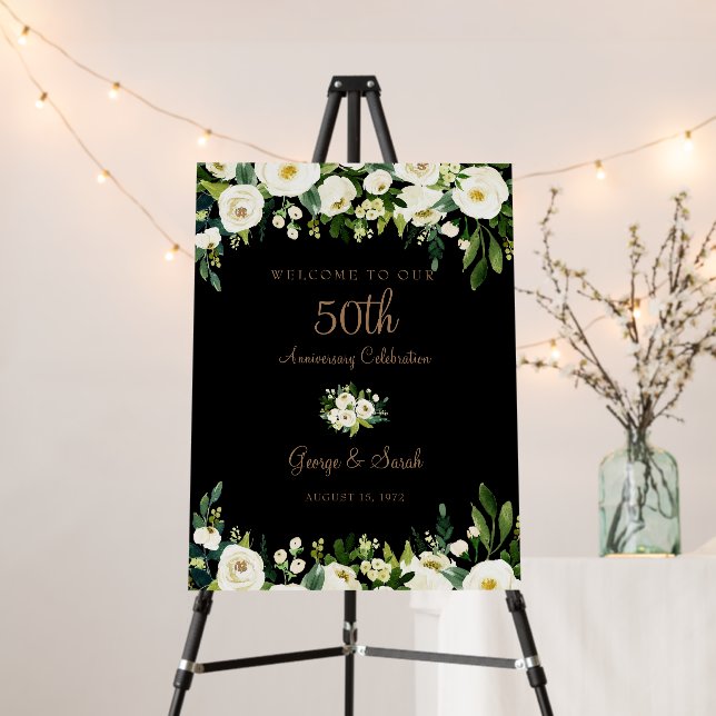 Anniversary Party White Floral Black Welcome Sign (In Situ (Stand))