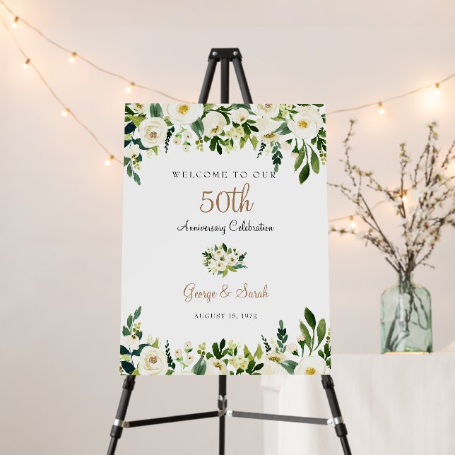 Anniversary Party White Floral Welcome Sign (In Situ (Stand))