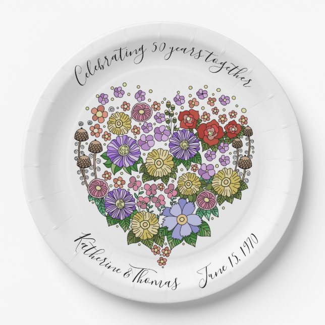Anniversary Partyware, Floral Heart, Customized Paper Plates (Front)