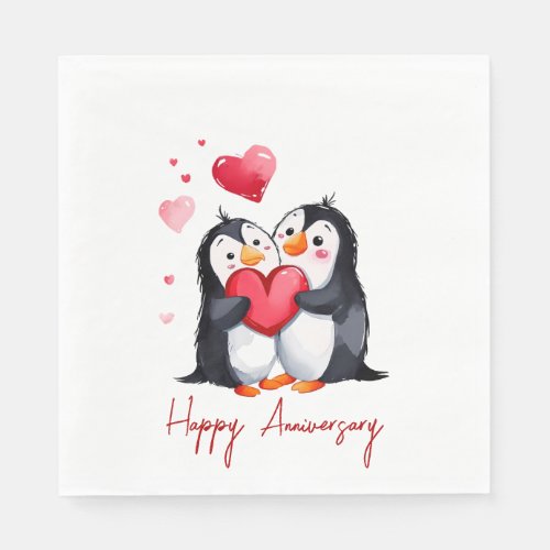 Anniversary Penguin Pair With Red Hearts Napkins