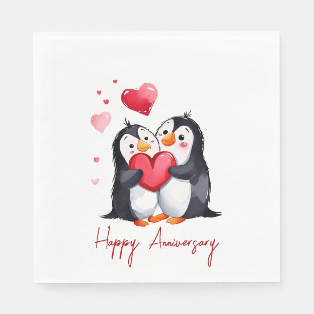 Anniversary Penguin Pair With Red Hearts Napkins (Front)