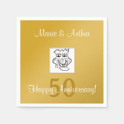 Anniversary Personal Photo and Custom Text Golden Paper Napkins
